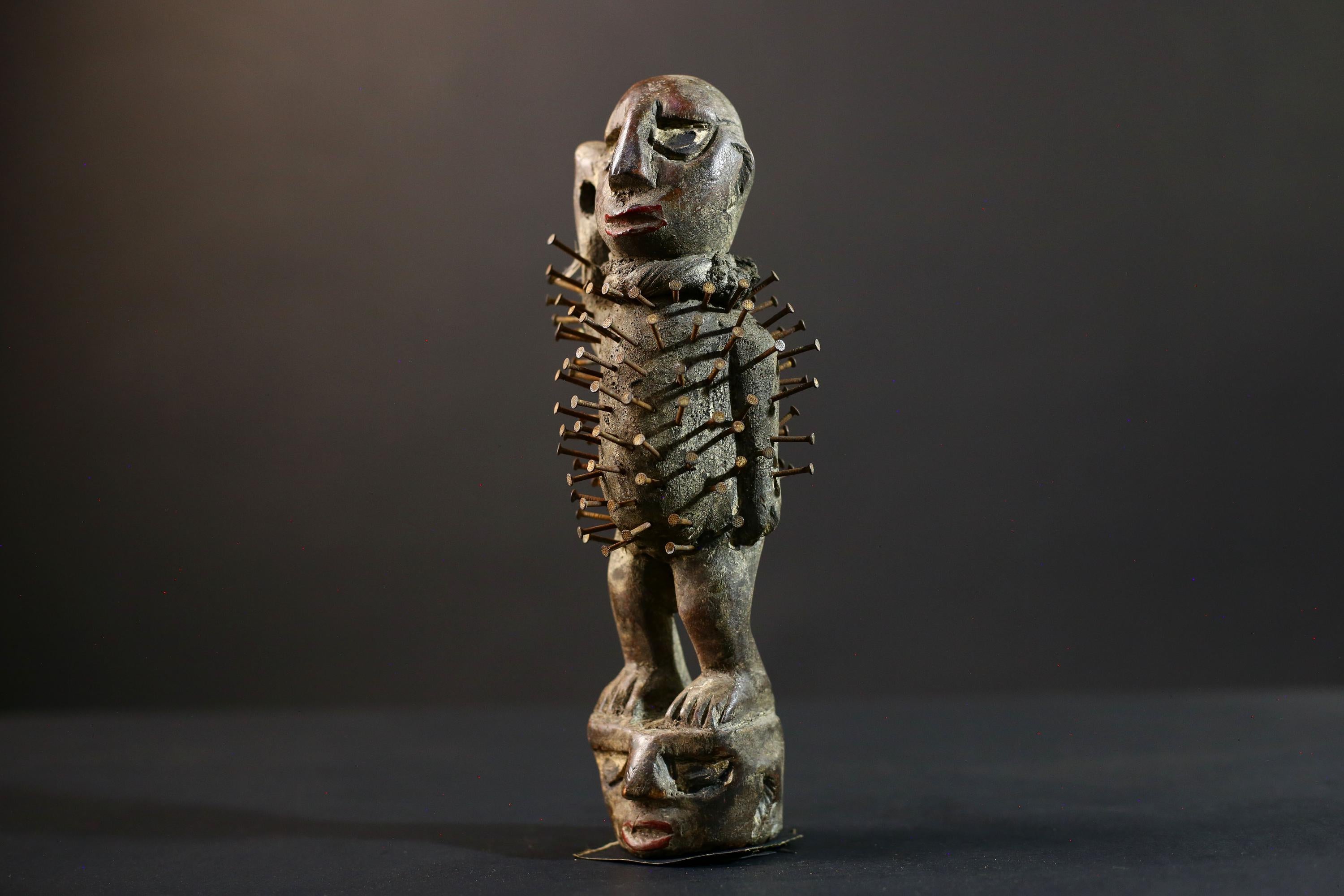 African Nkisi Nkondi power figure nailed wood sculpture tribal Congo charm protective fetish carving ritual totem symbolic nail statue-G5372