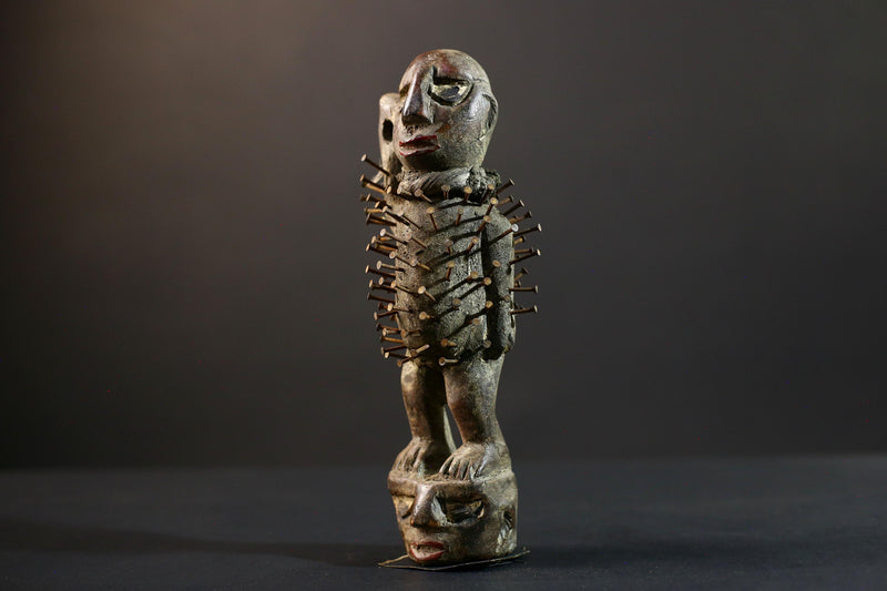 African Nkisi Nkondi power figure nailed wood sculpture tribal Congo charm protective fetish carving ritual totem symbolic nail statue-G5372