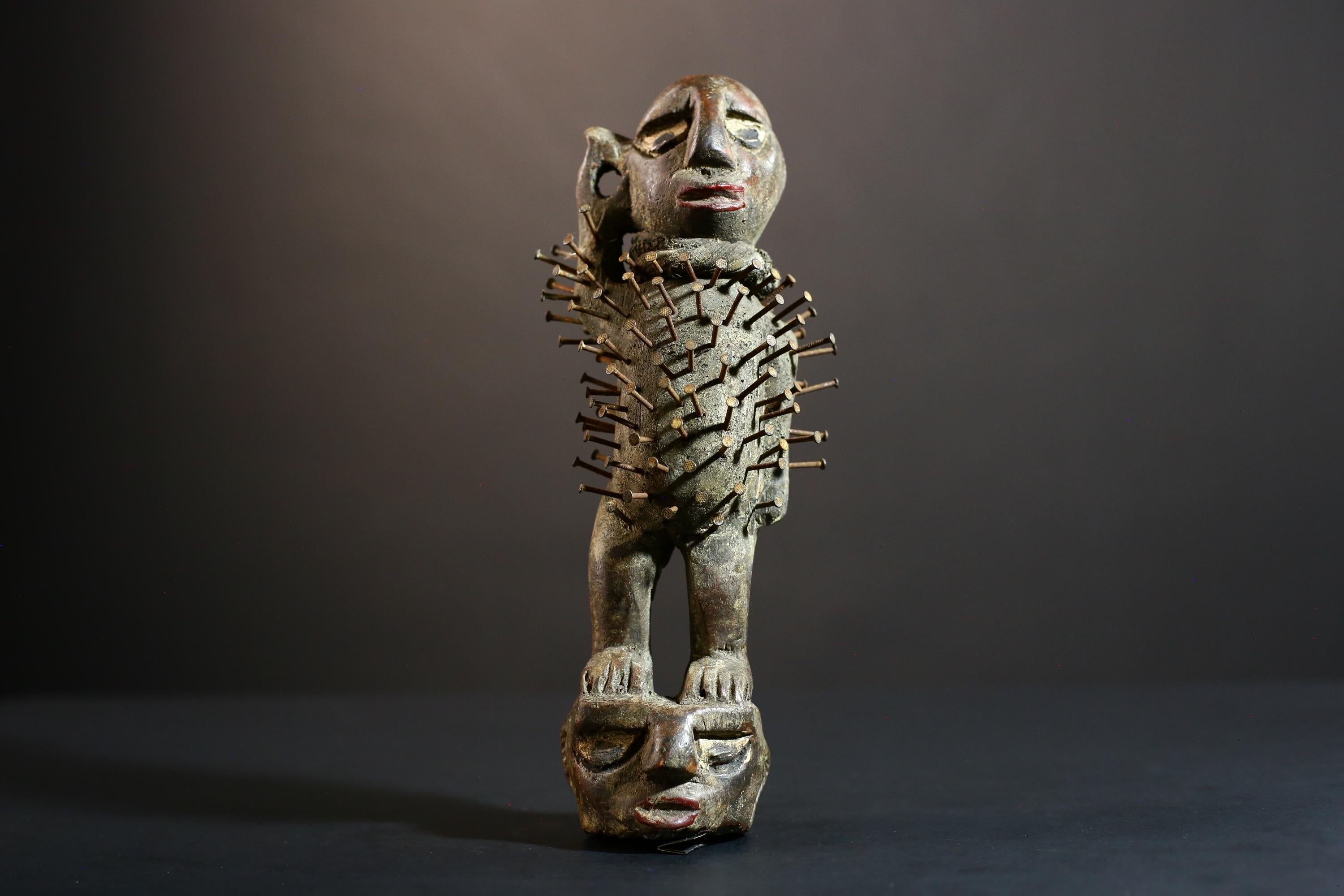 African Nkisi Nkondi power figure nailed wood sculpture tribal Congo charm protective fetish carving ritual totem symbolic nail statue-G5372