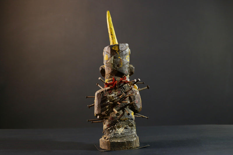 African Nkisi Nkondi power statue nailed fetish figure Congo tribal protector carved wood yellow shell charm justice ritual art decor-G5370