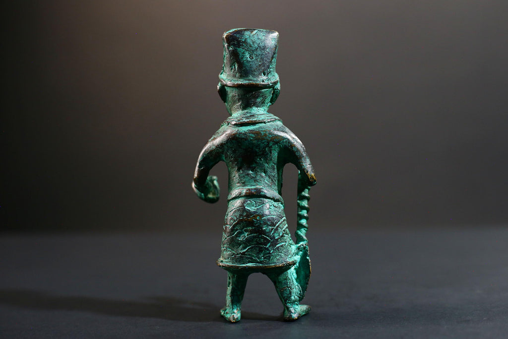 African Benin bronze warrior figure tribal Nigerian statue green patina cast sculpture handmade art weapon decor tribal man figurine-G5369