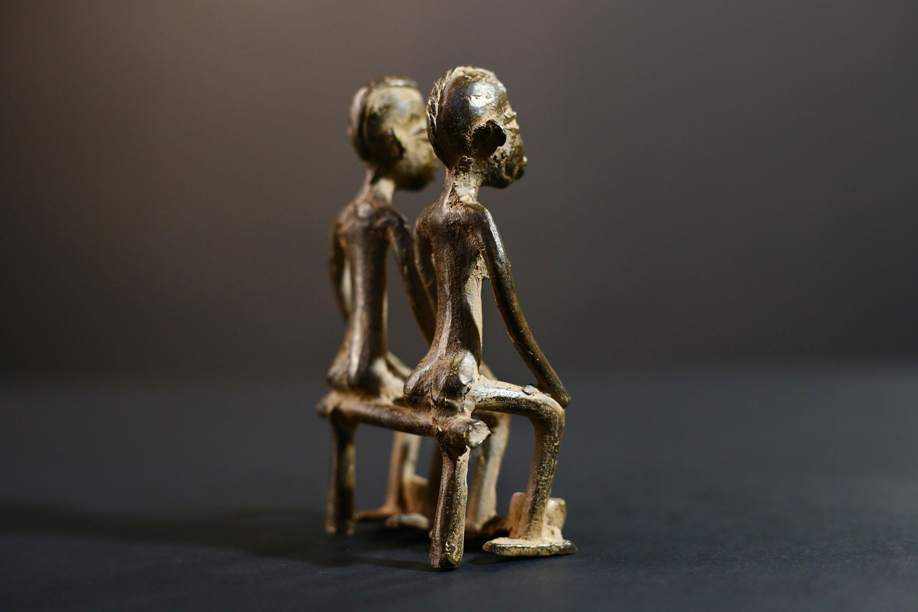 African bronze couple statue tribal seated figures handmade bronze Lobi Baule style fertility altar sculpture spiritual ethnic decor-G5368