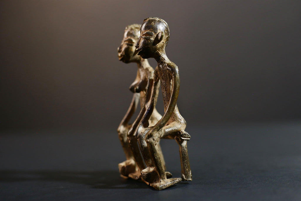 African bronze couple statue tribal seated figures handmade bronze Lobi Baule style fertility altar sculpture spiritual ethnic decor-G5368