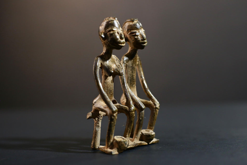 African bronze couple statue tribal seated figures handmade bronze Lobi Baule style fertility altar sculpture spiritual ethnic decor-G5368