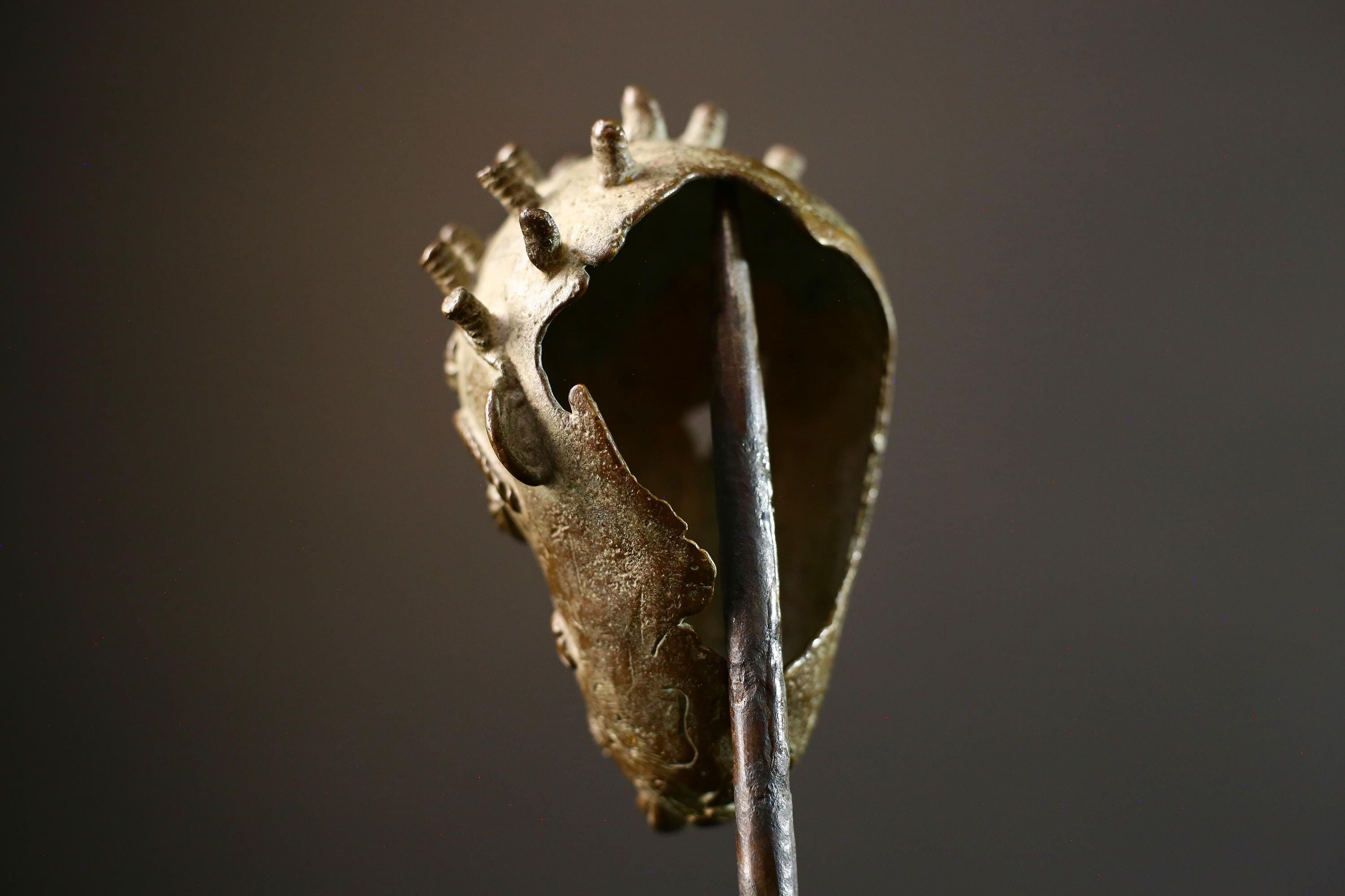 African bronze tribal head sculpture Baule style spiked crown scarified face miniature handmade ethnic figure altar art patina decor-G5367