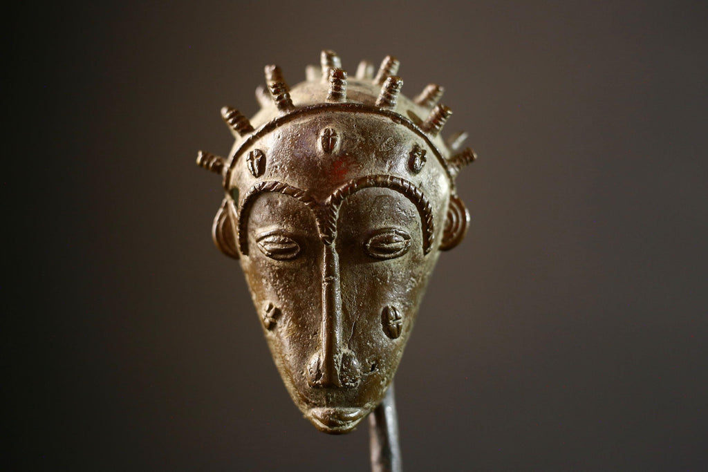 African bronze tribal head sculpture Baule style spiked crown scarified face miniature handmade ethnic figure altar art patina decor-G5367