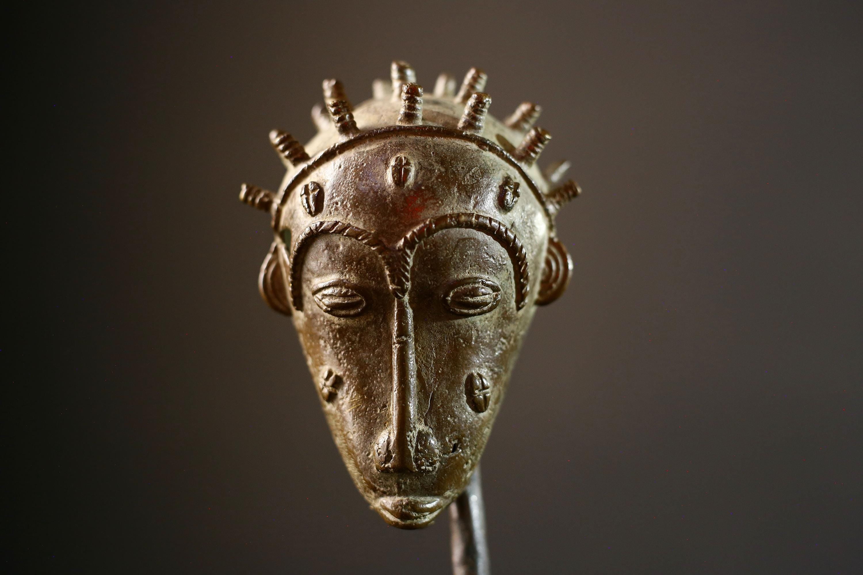 African bronze tribal head sculpture Baule style spiked crown scarified face miniature handmade ethnic figure altar art patina decor-G5367