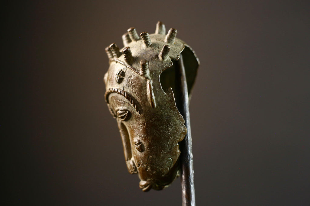 African bronze tribal head sculpture Baule style spiked crown scarified face miniature handmade ethnic figure altar art patina decor-G5367