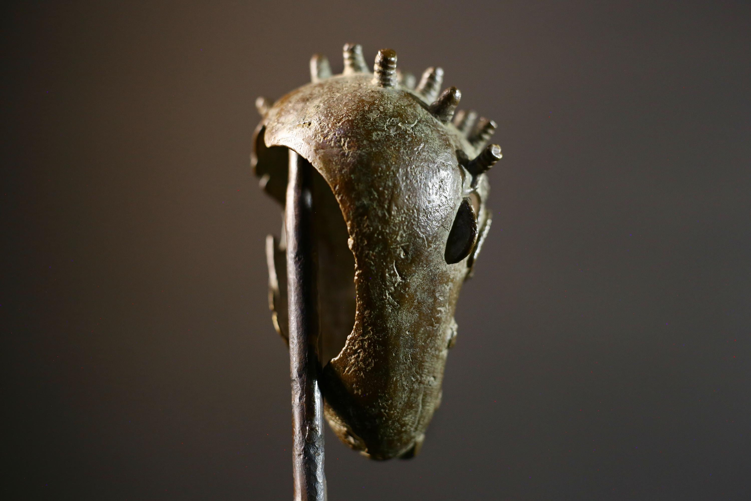 African bronze tribal head sculpture Baule style spiked crown scarified face miniature handmade ethnic figure altar art patina decor-G5367