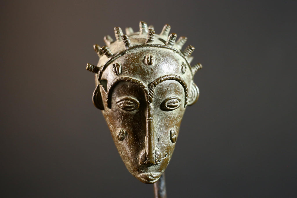 African bronze tribal head sculpture Baule style spiked crown scarified face miniature handmade ethnic figure altar art patina decor-G5367