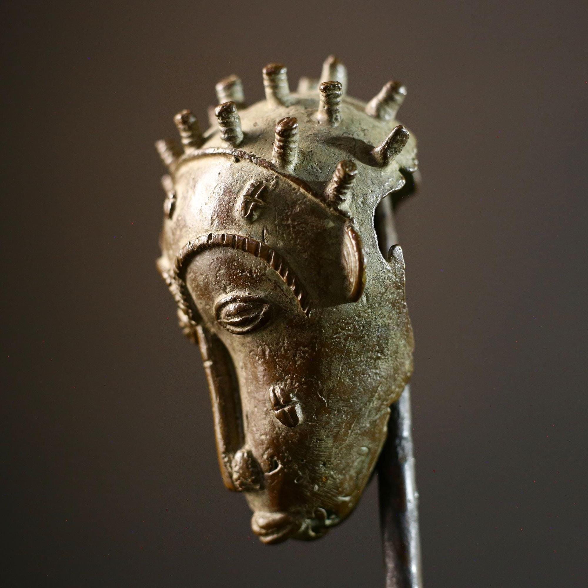 African bronze tribal head sculpture Baule style spiked crown scarified face miniature handmade ethnic figure altar art patina decor-G5367