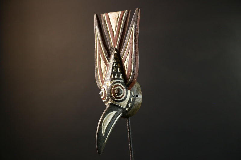 African Bwa bird mask tribal spirit wall decor long beak carving Burkina Faso handmade painted wood crest geometric symbolic figure-G5365