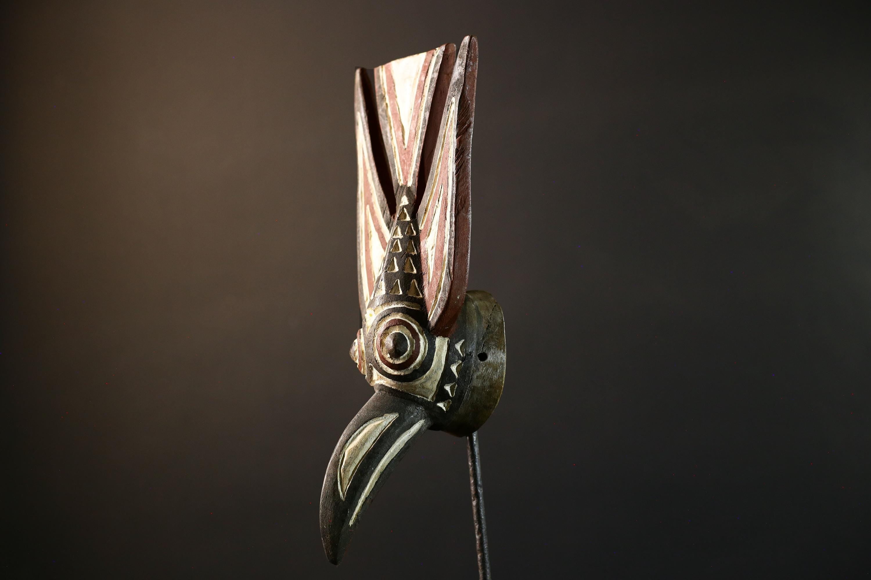 African Bwa bird mask tribal spirit wall decor long beak carving Burkina Faso handmade painted wood crest geometric symbolic figure-G5365