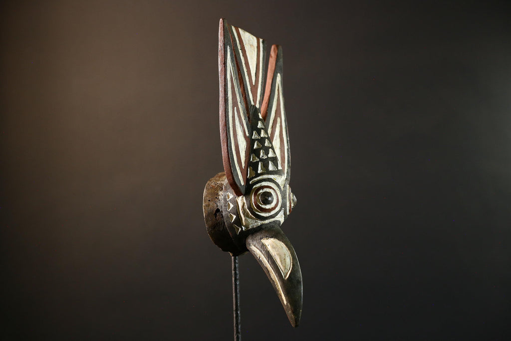 African Bwa bird mask tribal spirit wall decor long beak carving Burkina Faso handmade painted wood crest geometric symbolic figure-G5365