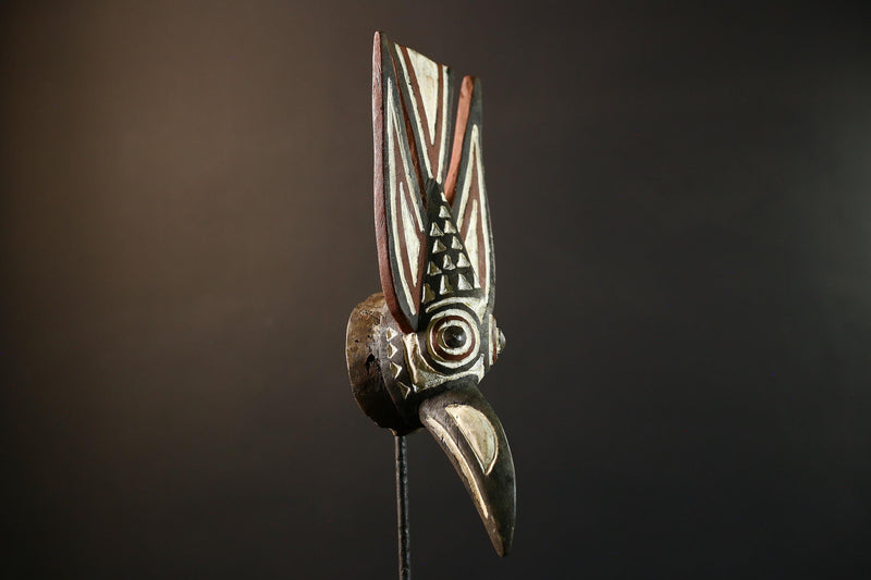 African Bwa bird mask tribal spirit wall decor long beak carving Burkina Faso handmade painted wood crest geometric symbolic figure-G5365