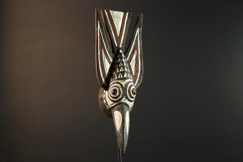 African Bwa bird mask tribal spirit wall decor long beak carving Burkina Faso handmade painted wood crest geometric symbolic figure-G5365