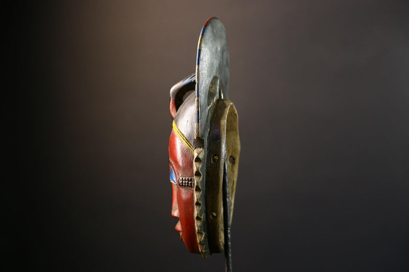 African Guro mask red face tribal wall decor carved wood art Côte d’Ivoire ceremonial spirit mask blue eyes horn crest handmade ethnic-G5364