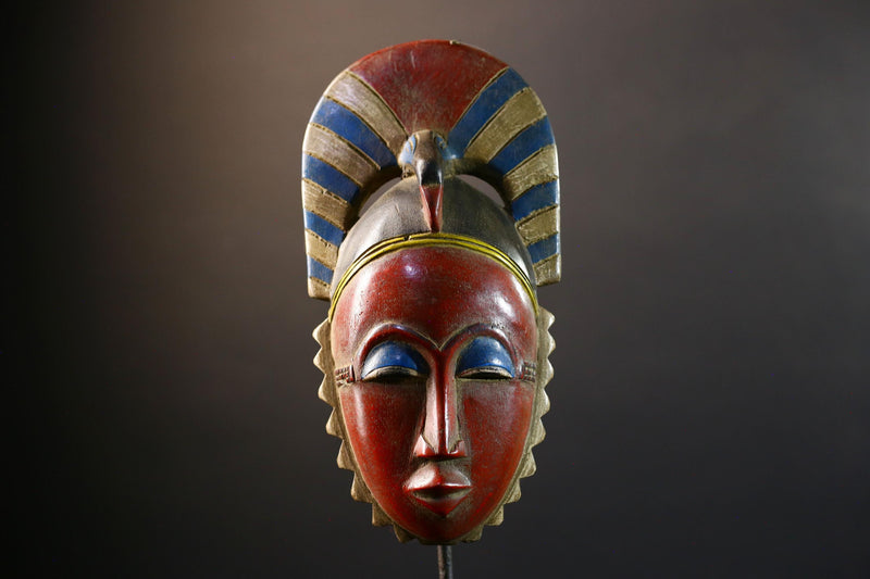 African Guro mask red face tribal wall decor carved wood art Côte d’Ivoire ceremonial spirit mask blue eyes horn crest handmade ethnic-G5364