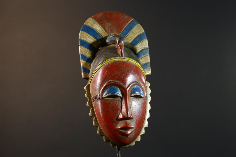 African Guro mask red face tribal wall decor carved wood art Côte d’Ivoire ceremonial spirit mask blue eyes horn crest handmade ethnic-G5364
