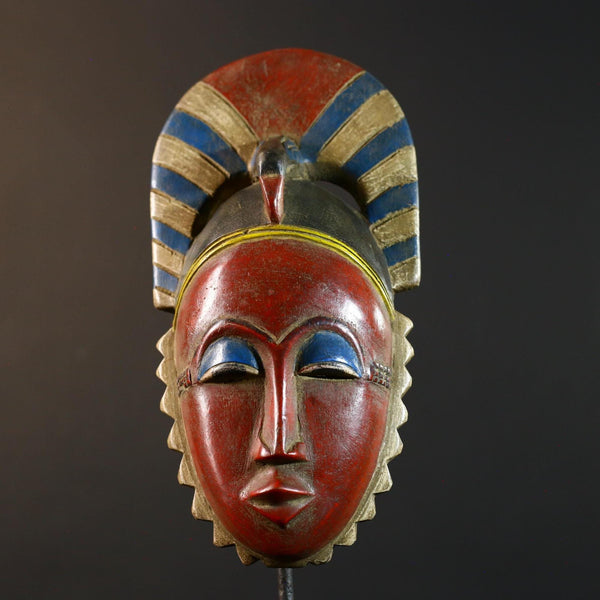 African Guro mask red face tribal wall decor carved wood art Côte d’Ivoire ceremonial spirit mask blue eyes horn crest handmade ethnic-G5364