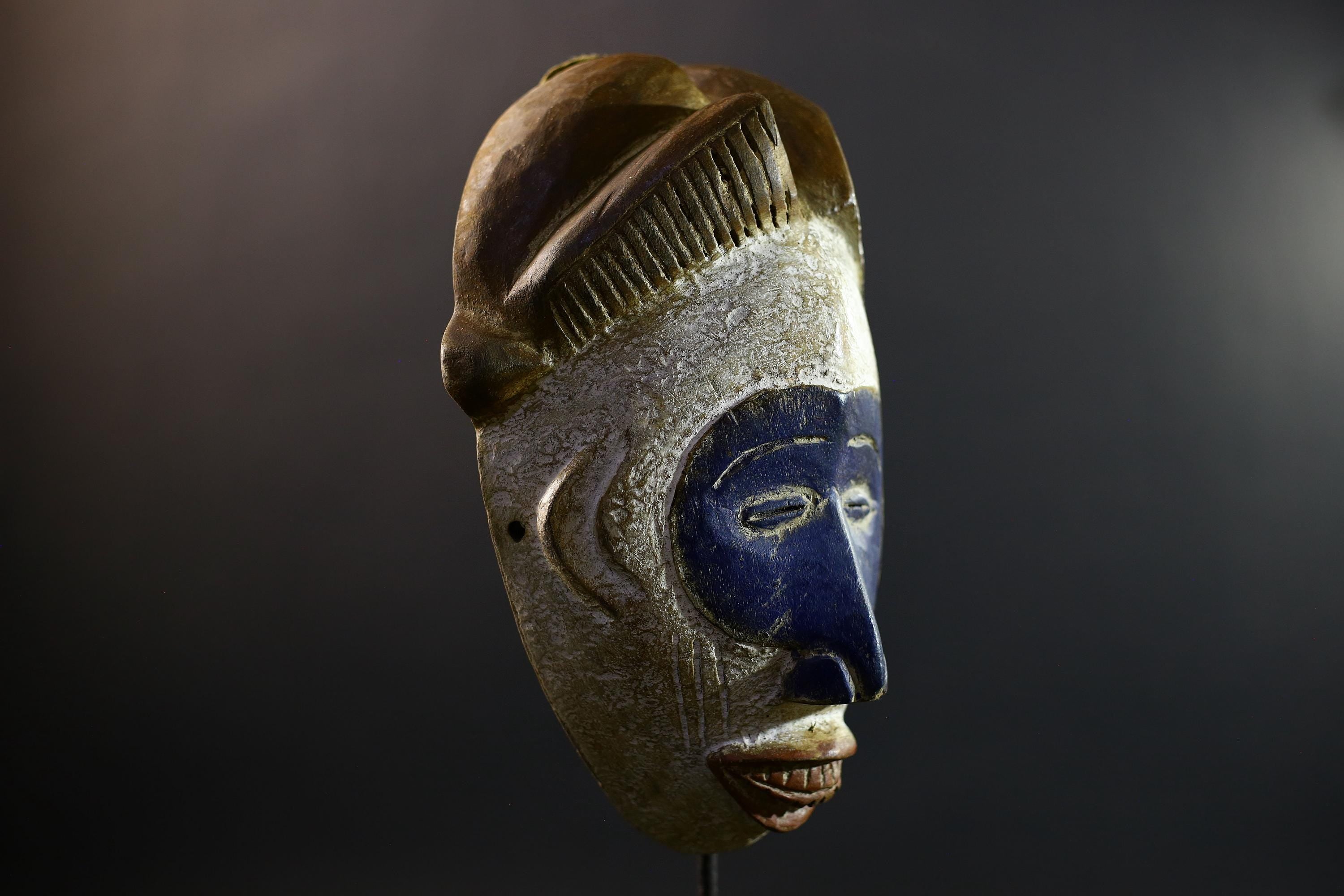 African Mask | Baule Monkey | Ivory Coast Tribal Art | Blue Wood Wall Decor | Vintage African Accent-G5305