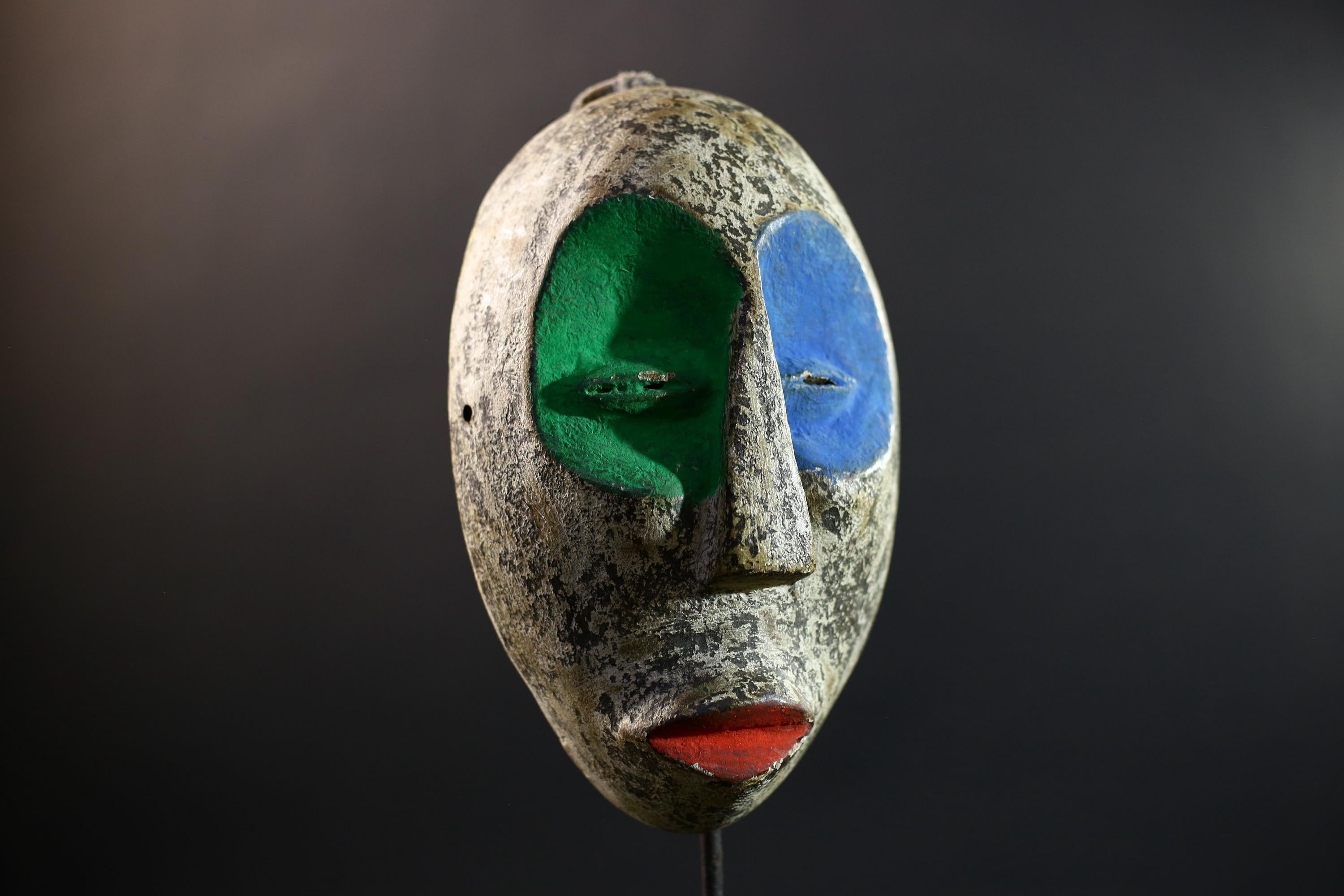 African Mask | Ogoni Spirit | Nigeria Tribal Art | Kaolin Wood Green Blue | Vintage Wall Decor-G5304