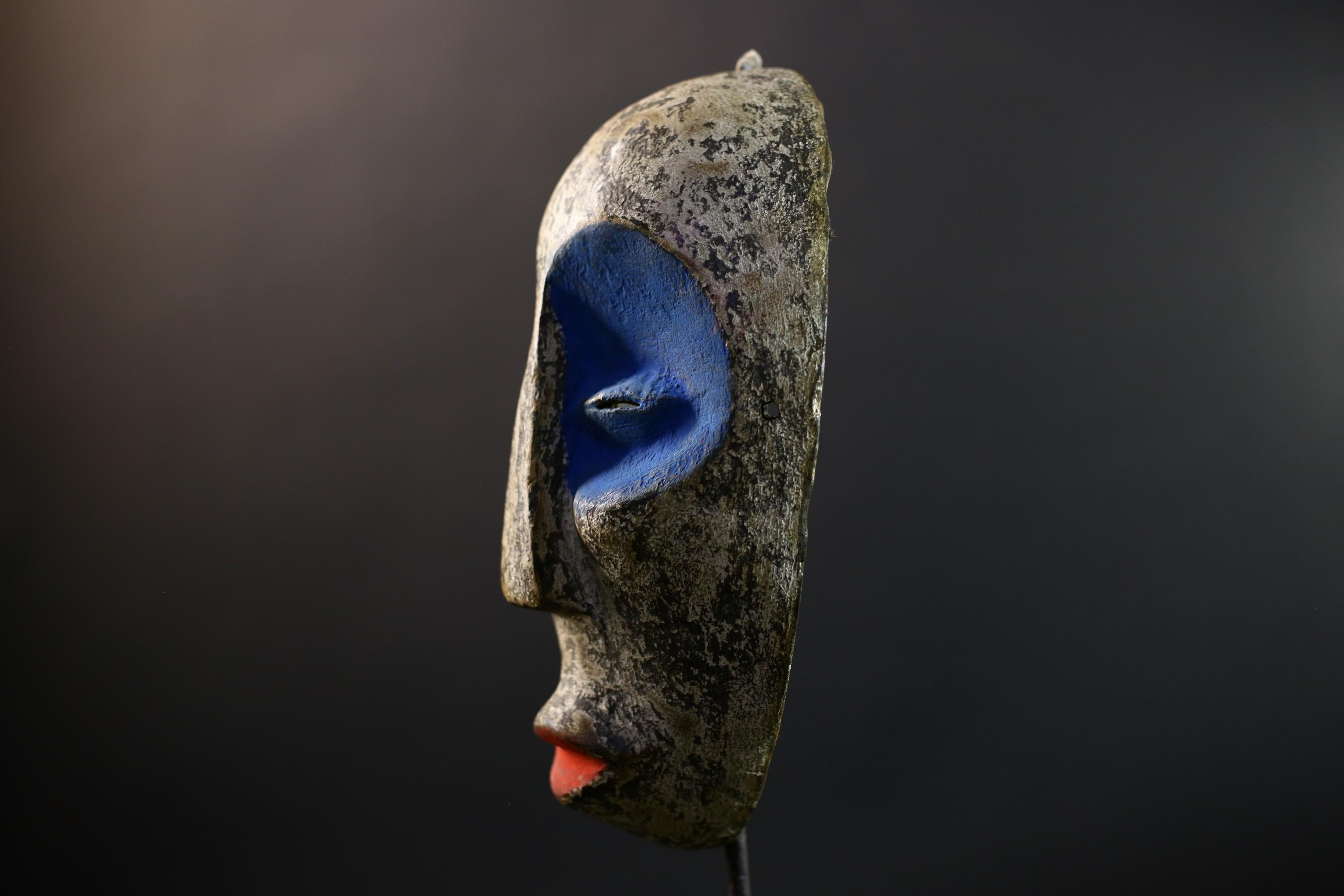 African Mask | Ogoni Spirit | Nigeria Tribal Art | Kaolin Wood Green Blue | Vintage Wall Decor-G5304