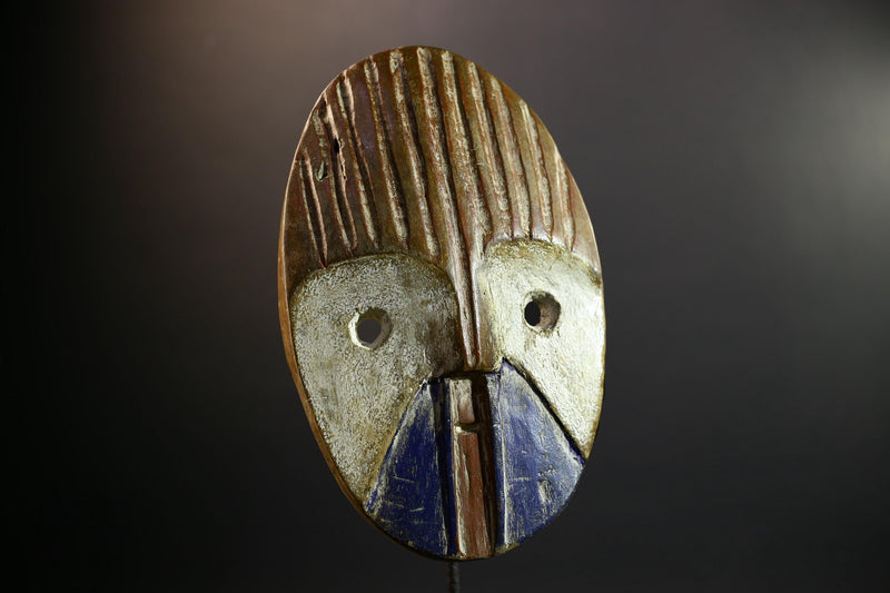 African Mask | Dan Ridged Forehead | Blue Chin Wall Decor | Hand-Carved Wood | Vintage Tribal Art-G5300