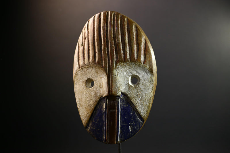 African Mask | Dan Ridged Forehead | Blue Chin Wall Decor | Hand-Carved Wood | Vintage Tribal Art-G5300