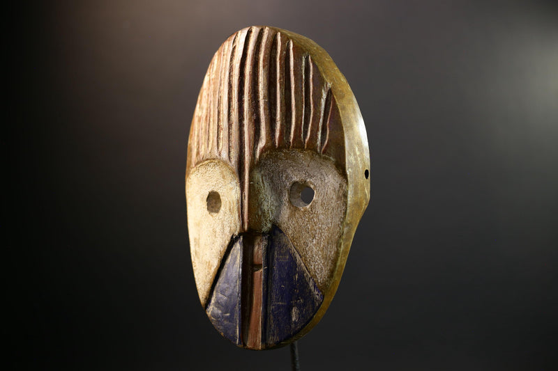 African Mask | Dan Ridged Forehead | Blue Chin Wall Decor | Hand-Carved Wood | Vintage Tribal Art-G5300