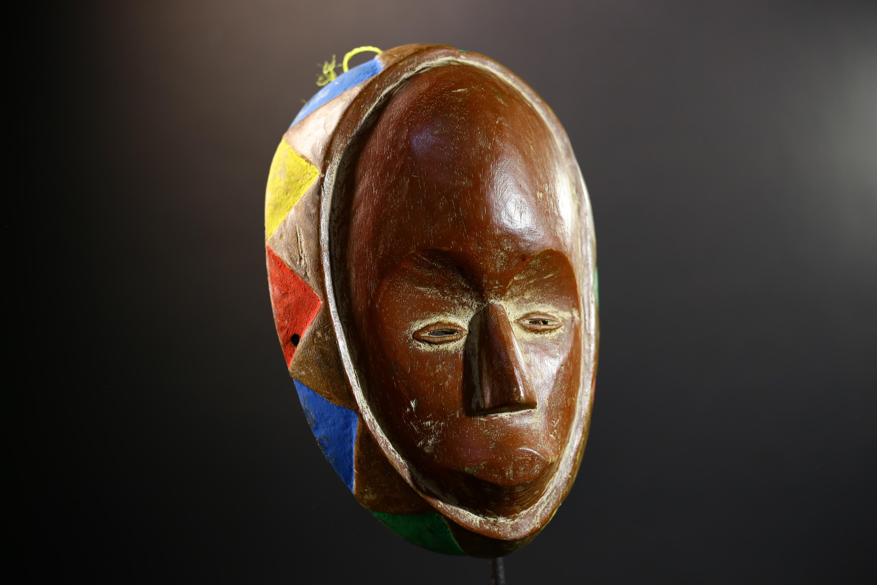African Mask | Akan Ghana Multicolor | Wood Wall Decor | Hand-Carved Vintage Tribal Art Accent-G5299