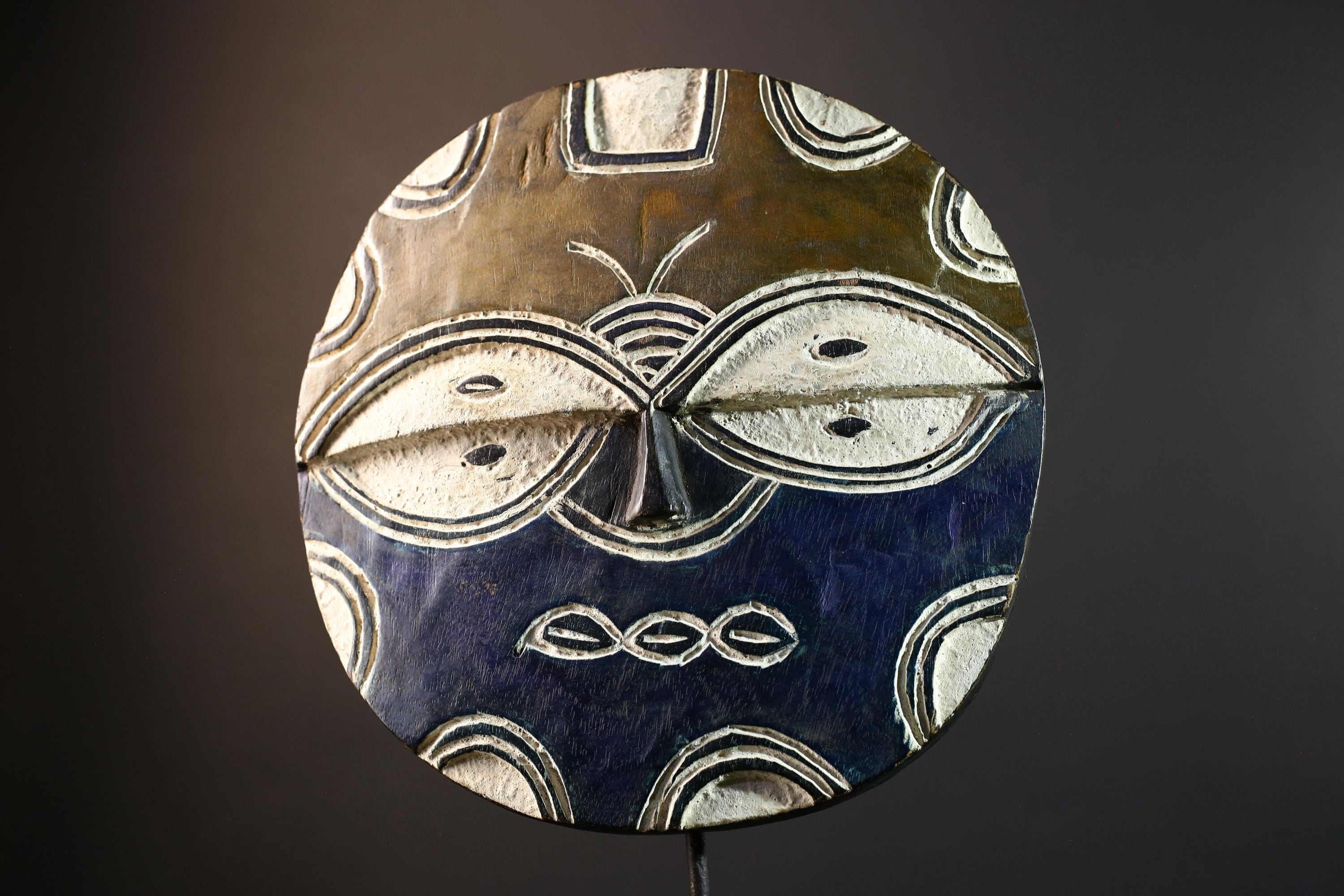African wall decor, Bwa tribal mask, Burkina Faso plank mask, butterfly spirit wall art, carved wood circle mask, cultural home accent-G5380