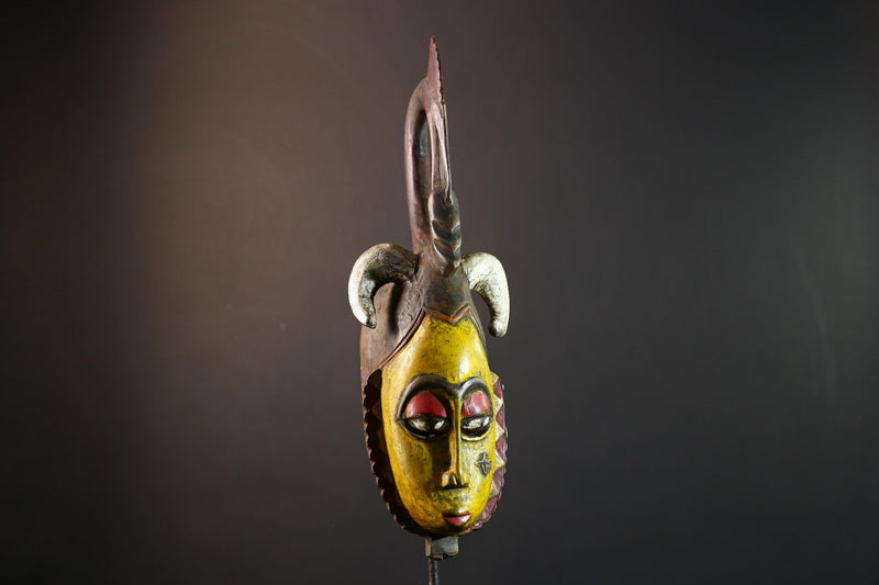Tribal wall mask, yellow face carving, Yaure African art, funeral spirit decor, hand carved wall piece, cultural face sculpture-G5381