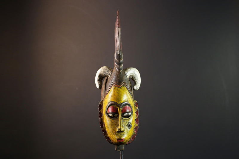 Tribal wall mask, yellow face carving, Yaure African art, funeral spirit decor, hand carved wall piece, cultural face sculpture-G5381
