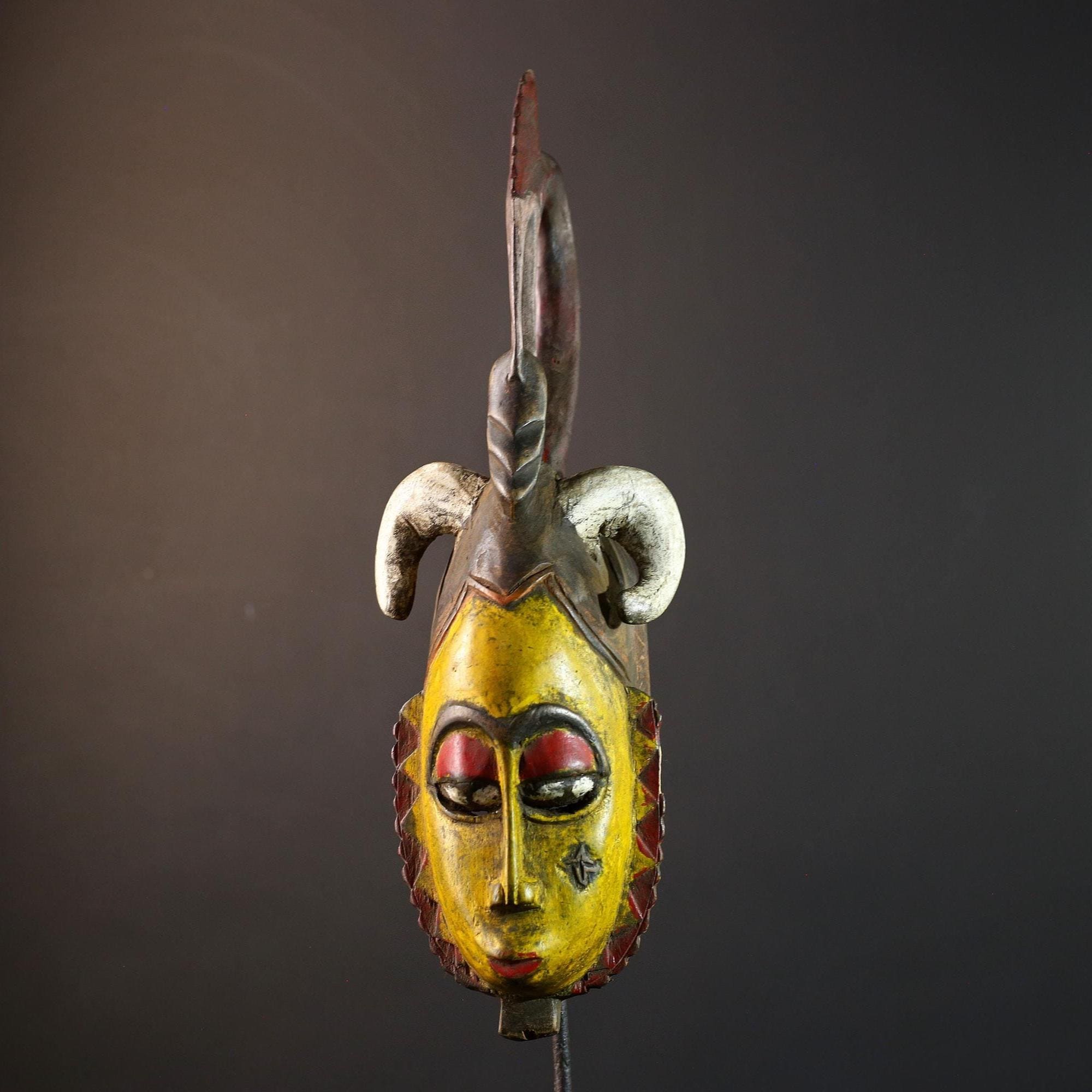 Tribal wall mask, yellow face carving, Yaure African art, funeral spirit decor, hand carved wall piece, cultural face sculpture-G5381