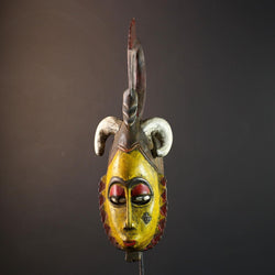 Tribal wall mask, yellow face carving, Yaure African art, funeral spirit decor, hand carved wall piece, cultural face sculpture-G5381