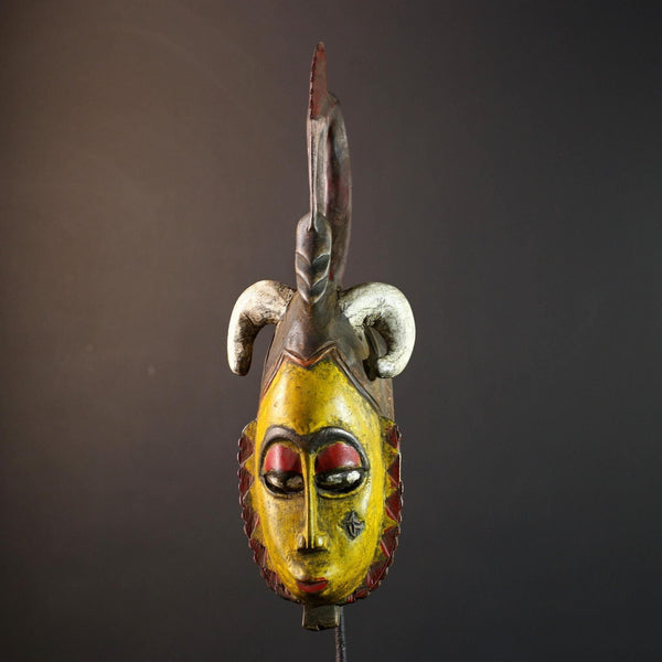 Tribal wall mask, yellow face carving, Yaure African art, funeral spirit decor, hand carved wall piece, cultural face sculpture-G5381