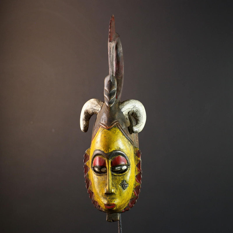Tribal wall mask, yellow face carving, Yaure African art, funeral spirit decor, hand carved wall piece, cultural face sculpture-G5381