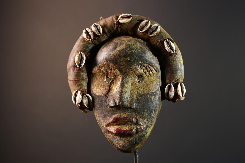 African mask wall art, Dan tribal face, cowrie shell ritual mask, carved wood mask decor, ancestral forest spirit, ethnic wall hanging-G5382