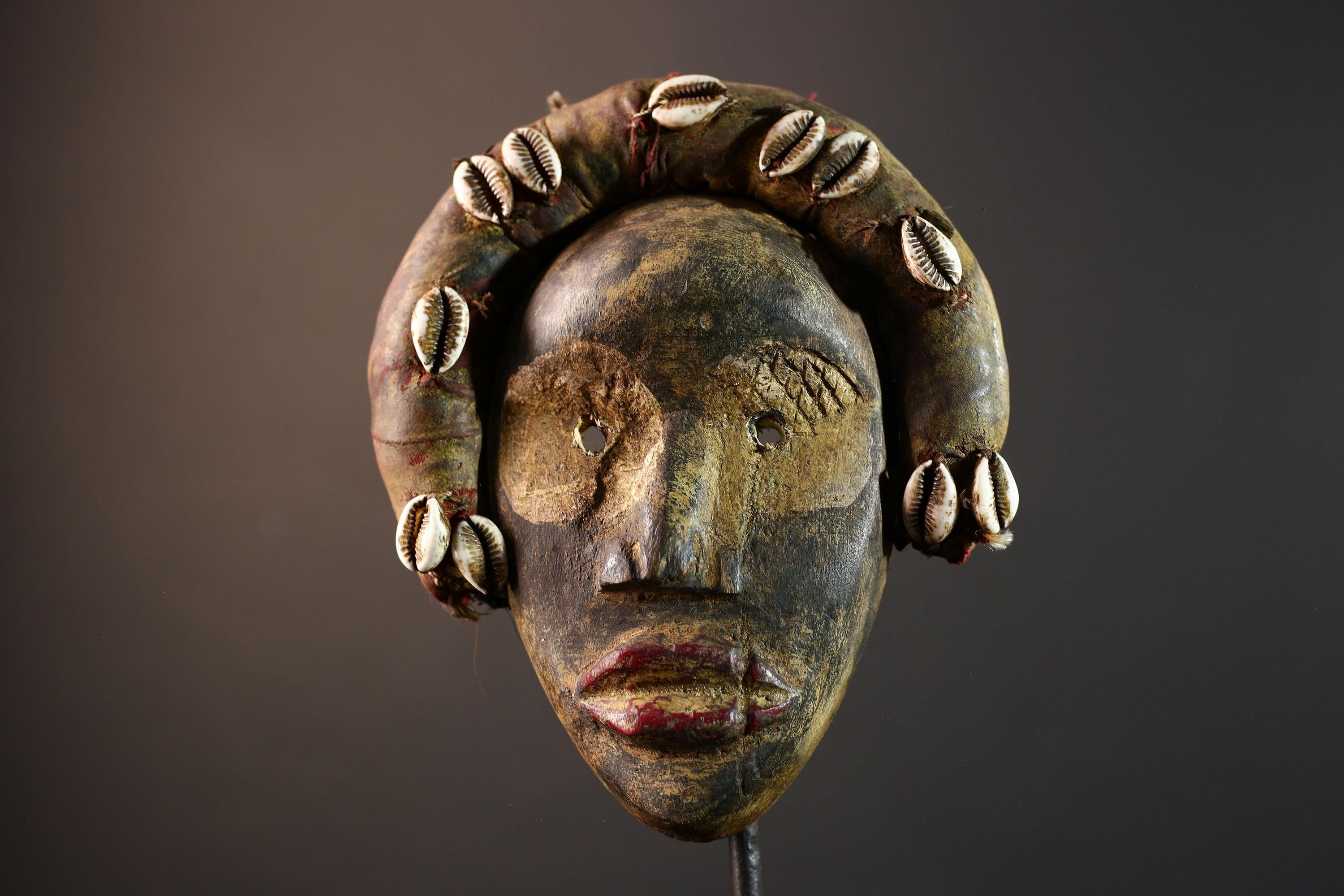 African mask wall art, Dan tribal face, cowrie shell ritual mask, carved wood mask decor, ancestral forest spirit, ethnic wall hanging-G5382
