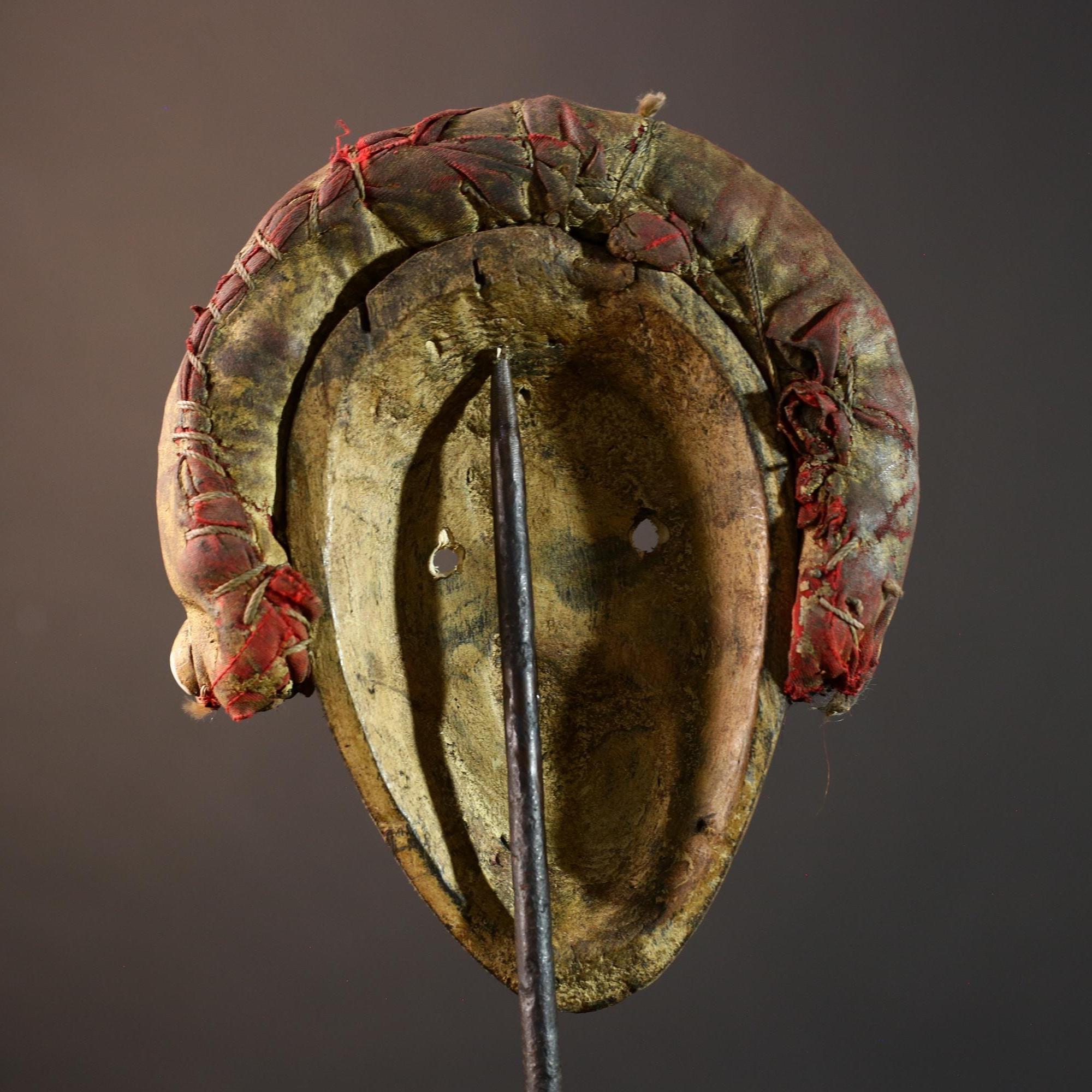 African mask wall art, Dan tribal face, cowrie shell ritual mask, carved wood mask decor, ancestral forest spirit, ethnic wall hanging-G5382