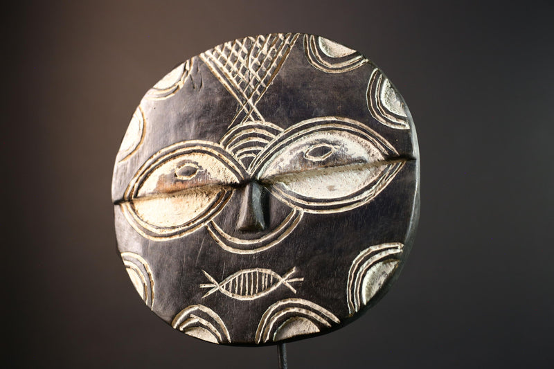 African tribal mask wall decor, Bwa sun mask from Burkina Faso, geometric spirit carving, cultural black and white wood sculpture-G5385