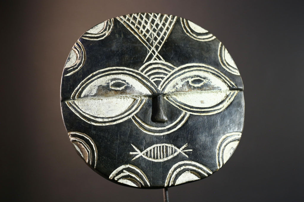 African tribal mask wall decor, Bwa sun mask from Burkina Faso, geometric spirit carving, cultural black and white wood sculpture-G5385
