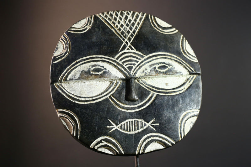 African tribal mask wall decor, Bwa sun mask from Burkina Faso, geometric spirit carving, cultural black and white wood sculpture-G5385