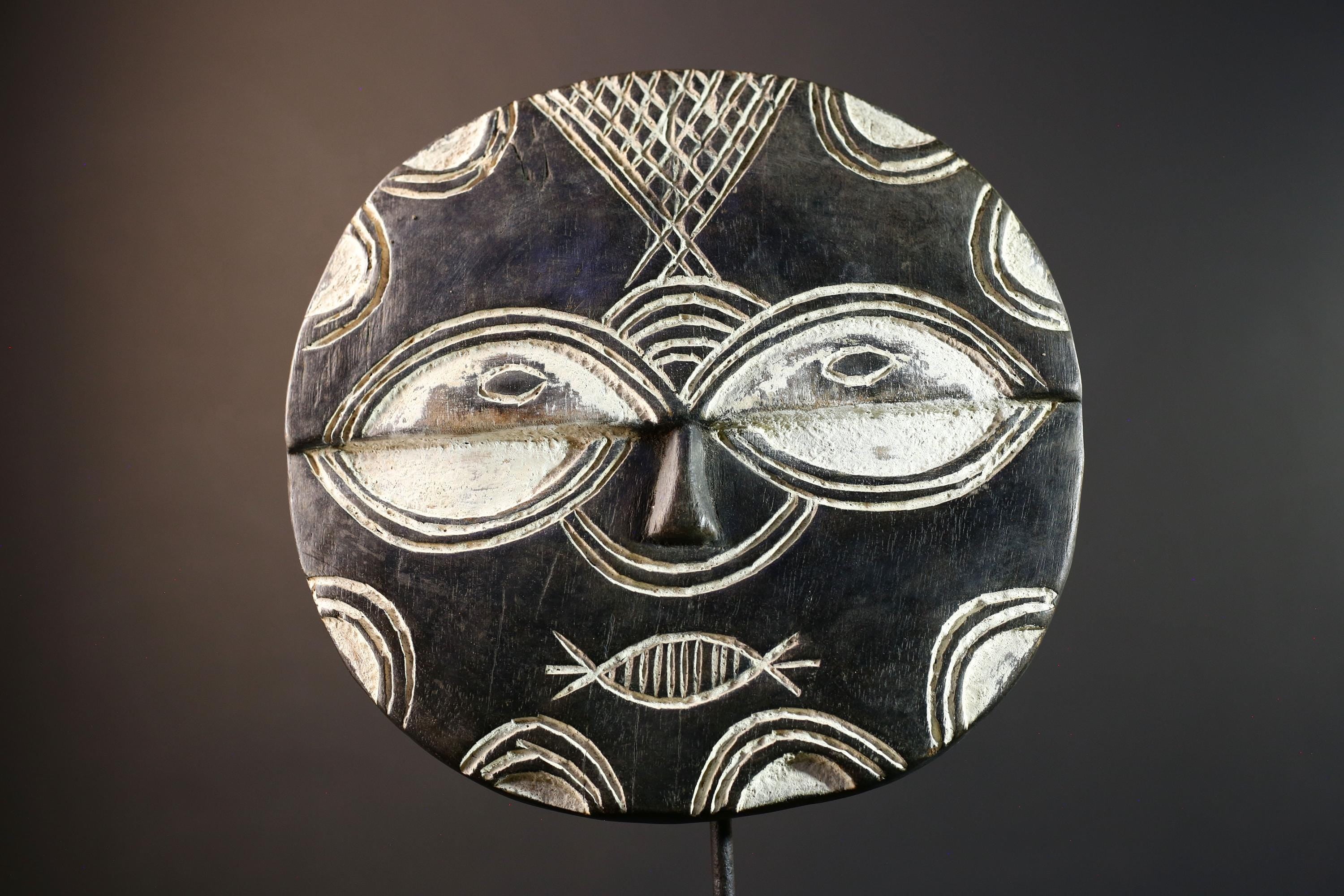 African tribal mask wall decor, Bwa sun mask from Burkina Faso, geometric spirit carving, cultural black and white wood sculpture-G5385