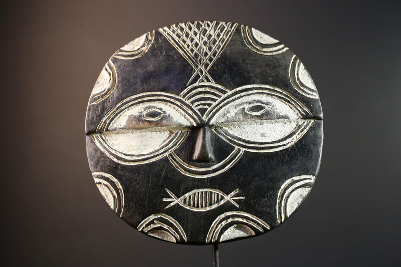 African tribal mask wall decor, Bwa sun mask from Burkina Faso, geometric spirit carving, cultural black and white wood sculpture-G5385