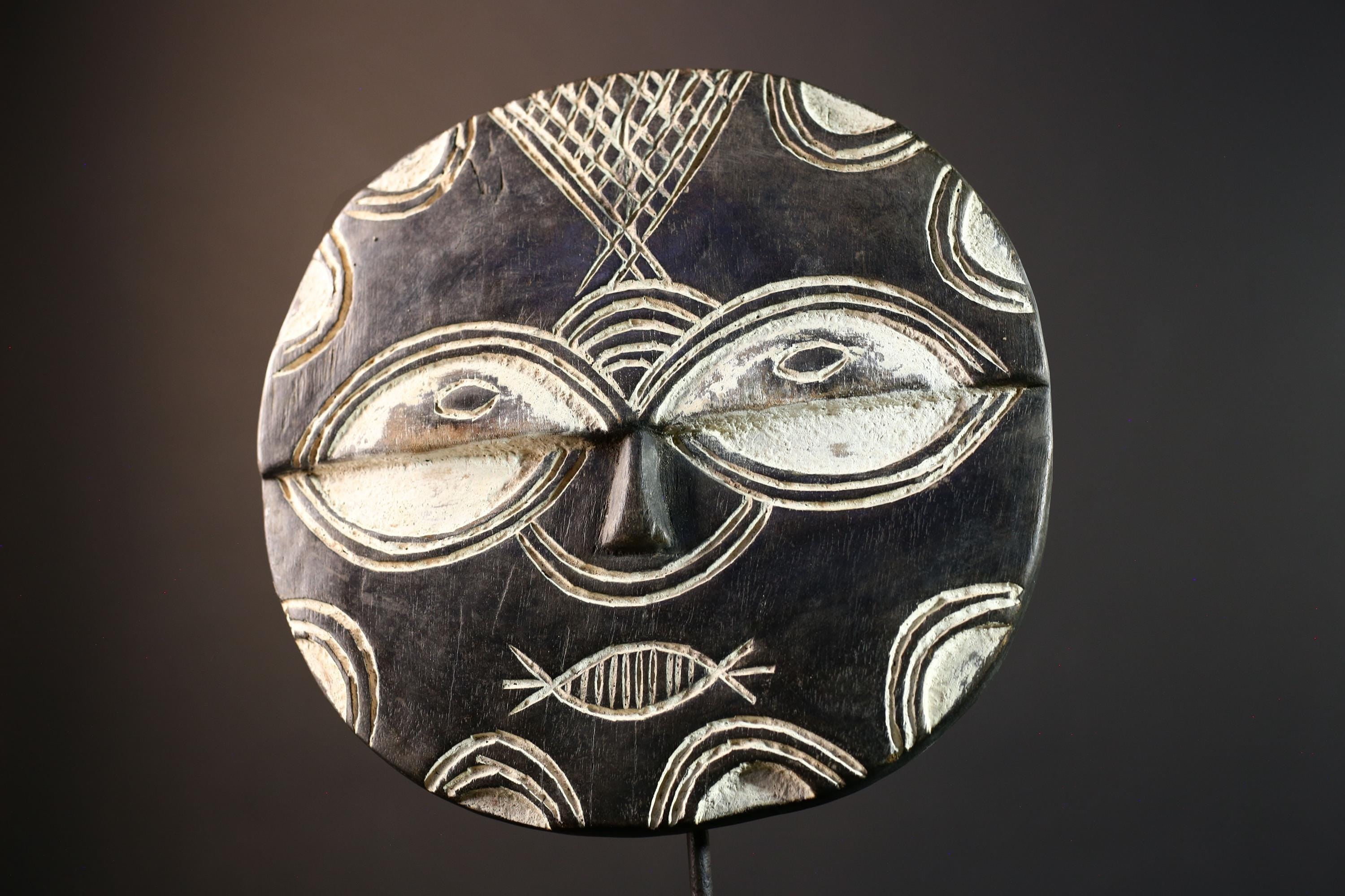 African tribal mask wall decor, Bwa sun mask from Burkina Faso, geometric spirit carving, cultural black and white wood sculpture-G5385