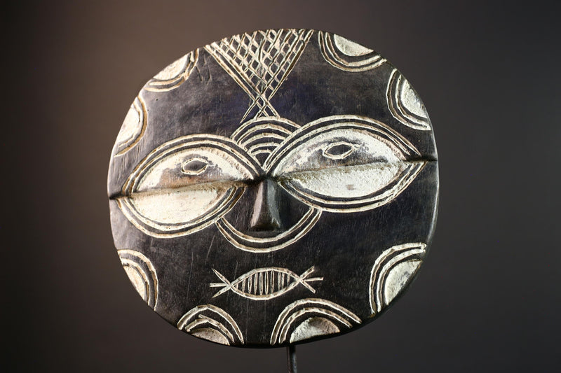African tribal mask wall decor, Bwa sun mask from Burkina Faso, geometric spirit carving, cultural black and white wood sculpture-G5385