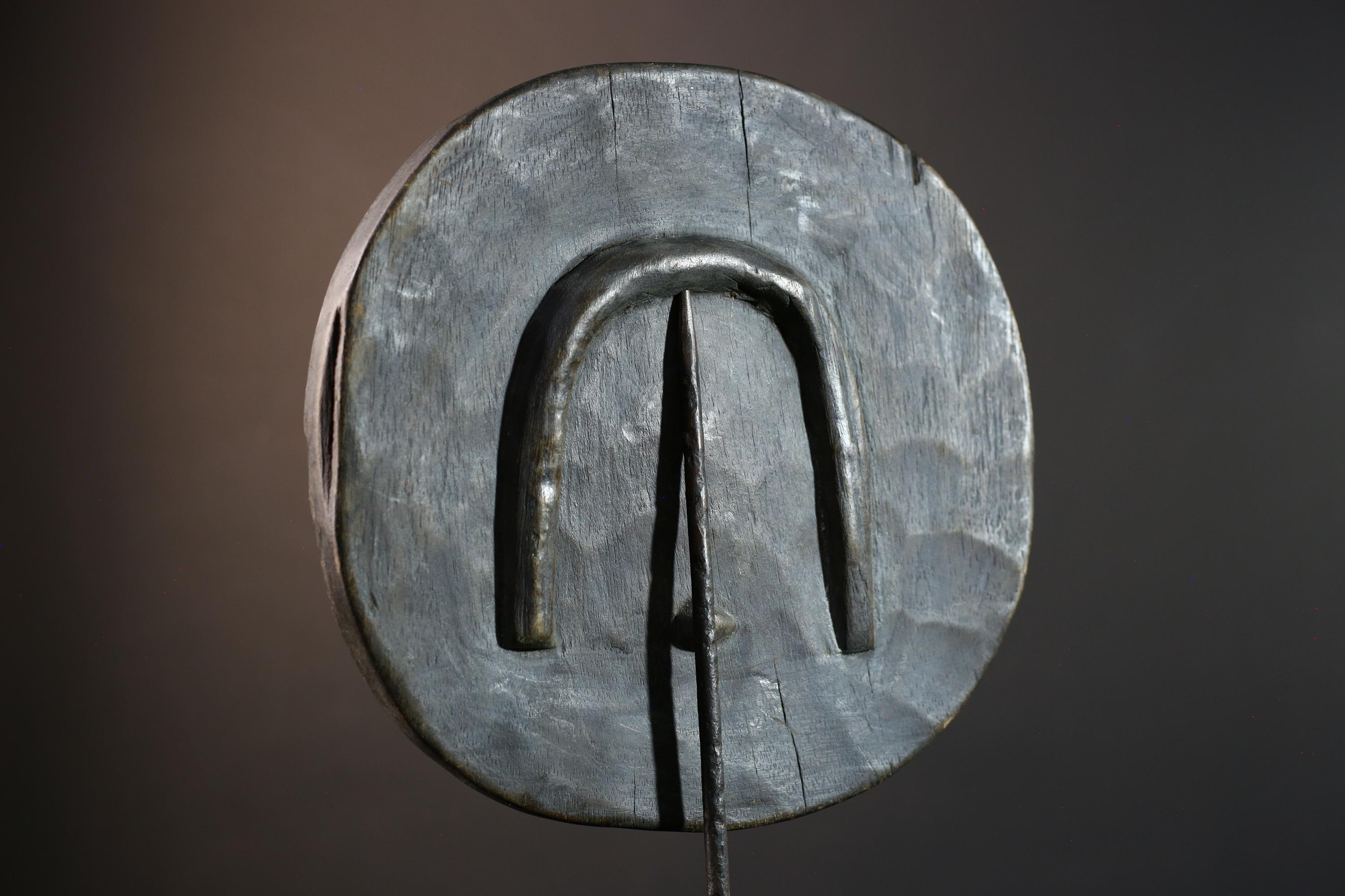 African tribal mask wall decor, Bwa sun mask from Burkina Faso, geometric spirit carving, cultural black and white wood sculpture-G5385