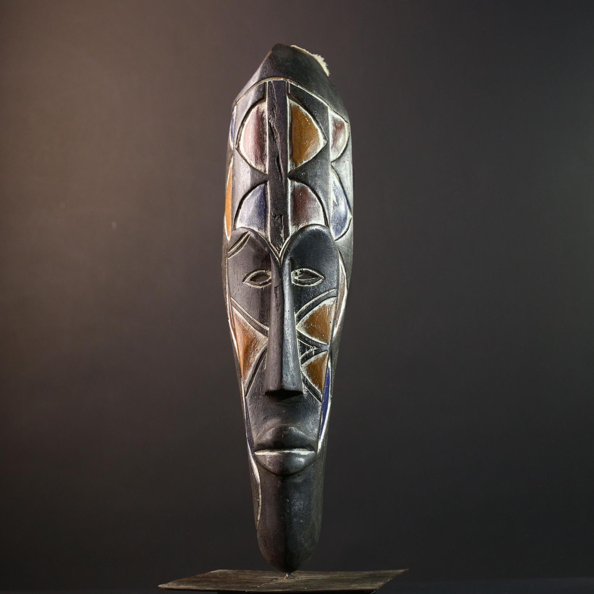 African tribal mask, Fang Ngil face carving from Gabon, long wall sculpture art, hand carved wood mask, ancestral spiritual home decor-G5388